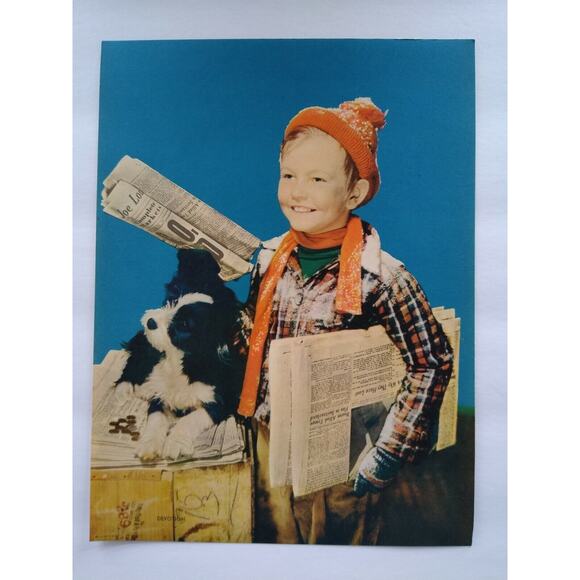 Boy And Dog Black & White Puppy Paperboy Art Print Vintage 1940s Lithograph NOS - Picture 2 of 6